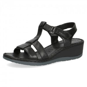 Caprice Black Leather T-Strap Wedge Sandals, 28151