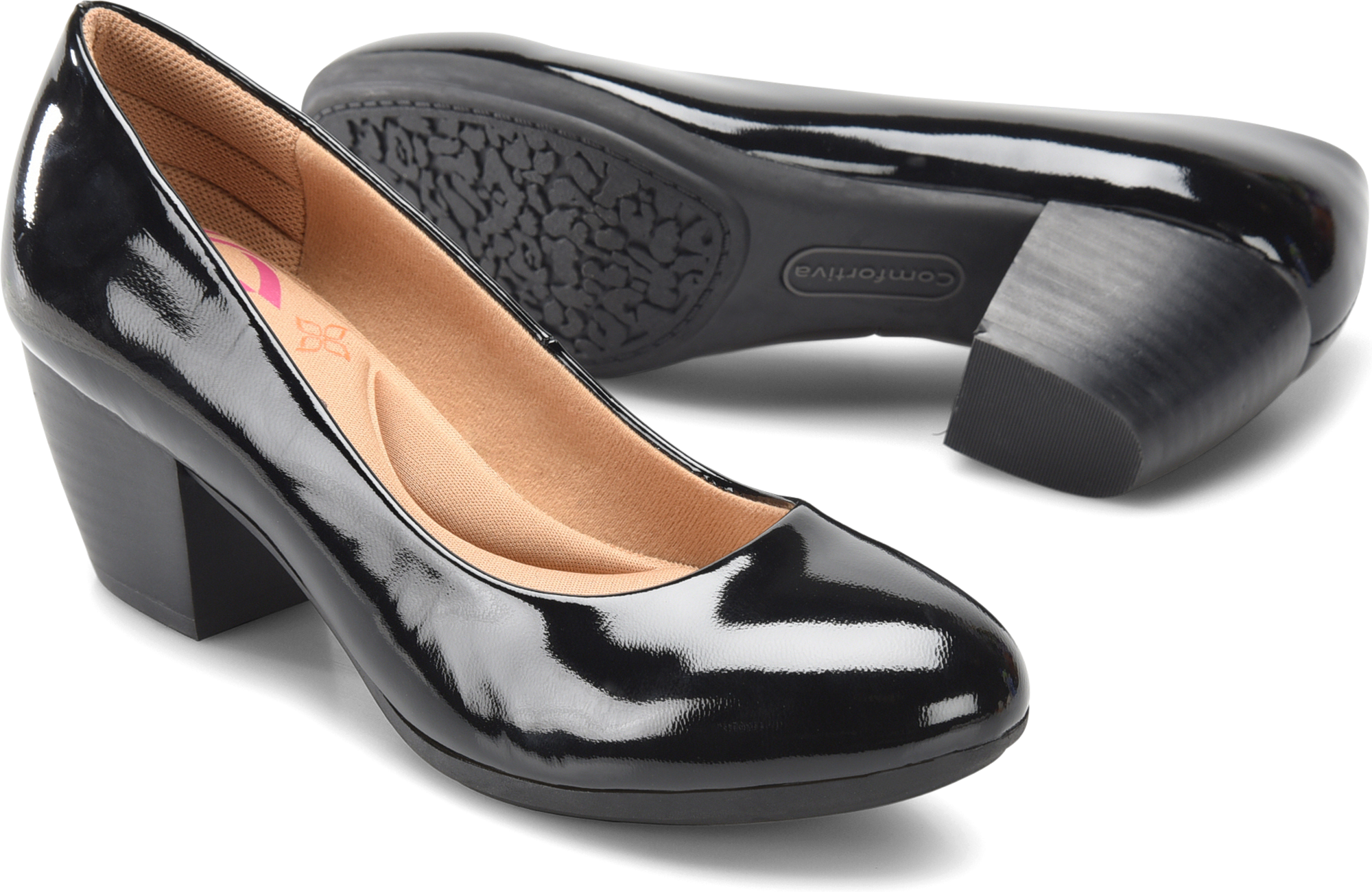 Amora Patent.Memory foam padded heel counter for added comfort
